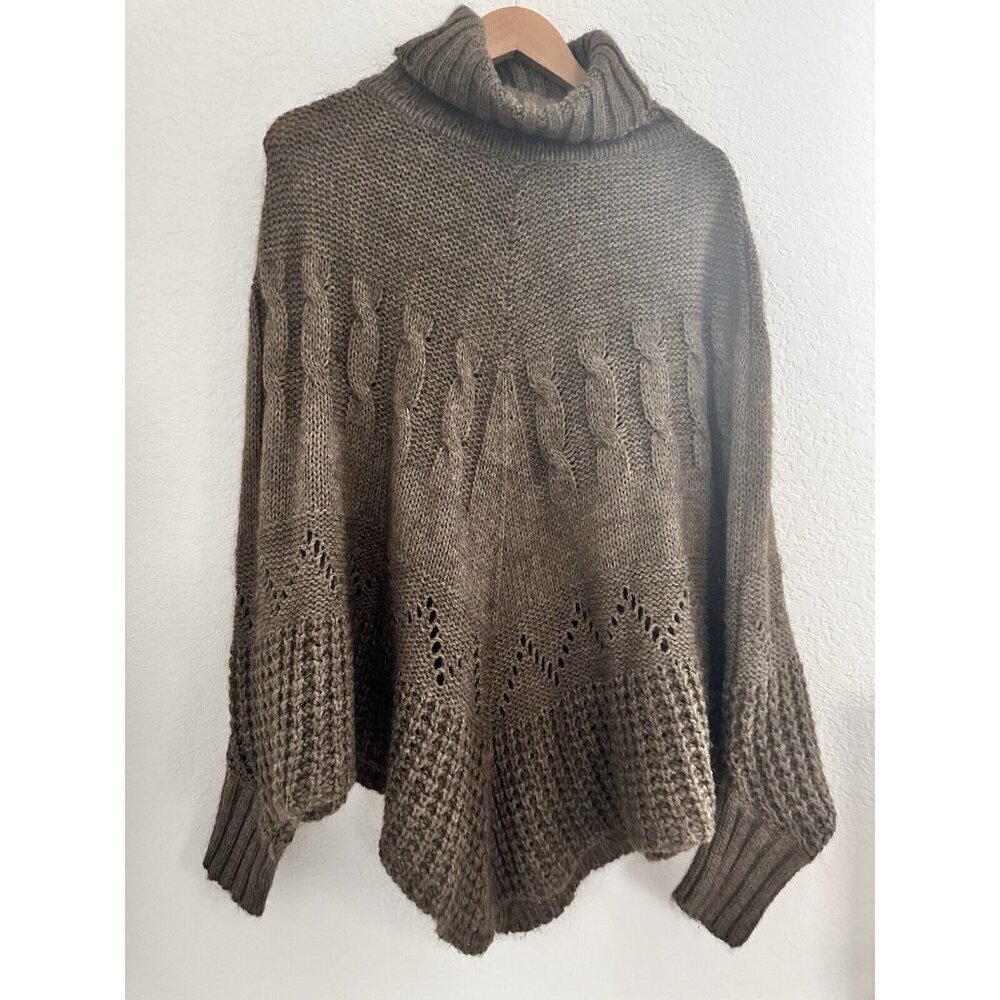 Iperico OS Turtleneck Brown Wool Mohair Blend Knit Poncho Sweater Dolman Sleeve